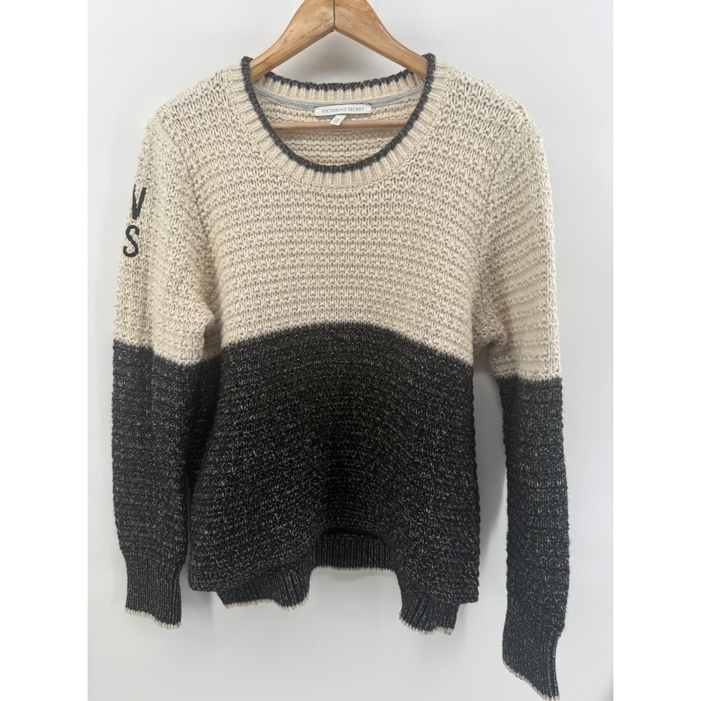 Victorias Secret Colorblock Chunky Knit Sweater Cream Grey Wool Alpaca Large